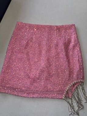 Pink Sequin Mini Skirt with Fringe